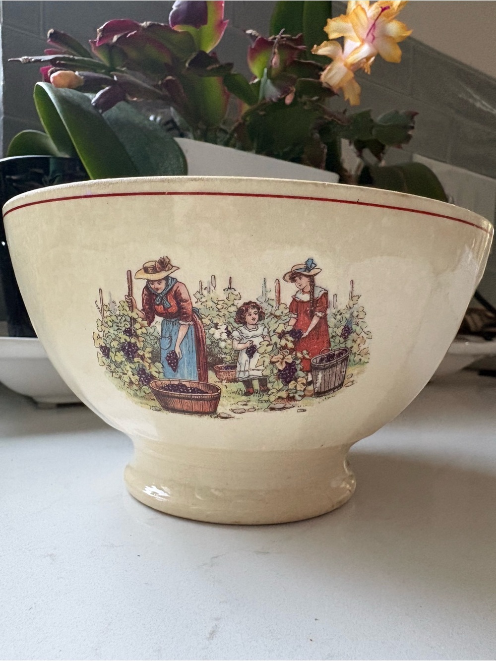 Vinatge Footed Ceramic Bowl Women Girls‎ Picking Grapes Image Transferware